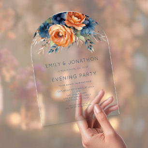 Navy-Blaue und Orangefarbene Blumen Hochzeitsabend Acryleinladungen