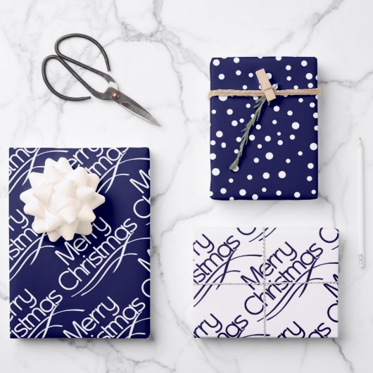 Navy blaue Weihnachtstypografie und dots Urlaub Wr Geschenkpapier Set (Vorderseite)