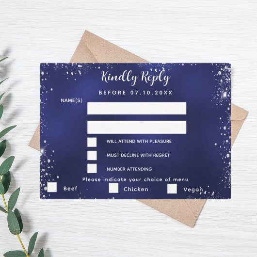 Navy blauen Silber Menü wählt Hochzeit RSVP Mitteilungskarte