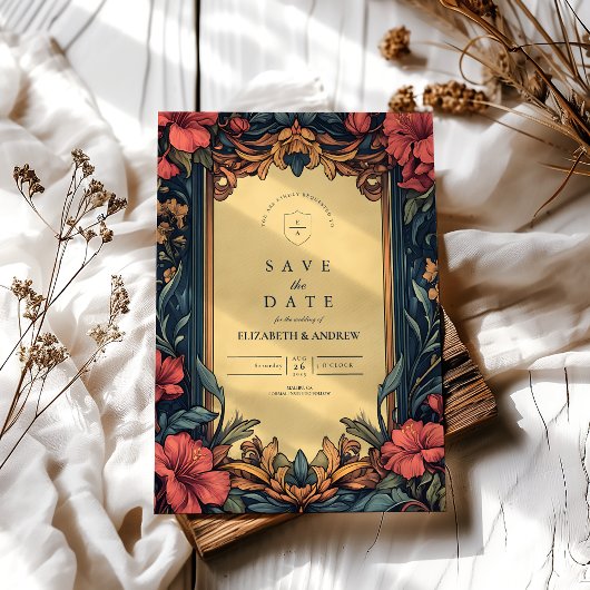 Navy Blauer Blumenzelt Art Nouveau Save The Date