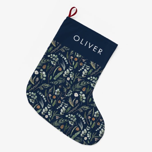 Navy blauer botanischer, eleganter, moderner Famil Großer Weihnachtsstrumpf (Vorderansicht (hängend))