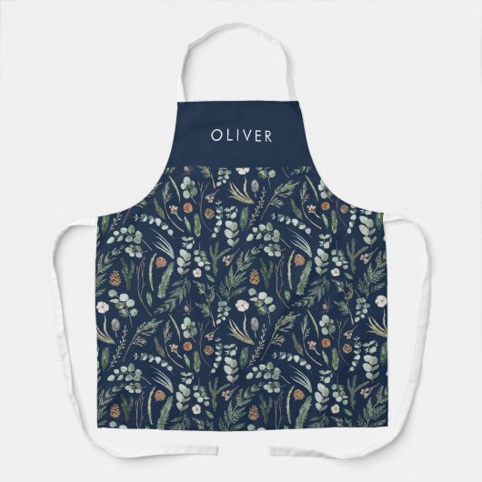 Navy blauer botanischer, eleganter, moderner Famil Schürze (Vorderseite)