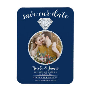 Navy-Blauer Diamantring Bling Foto Save-the-Date Magnet