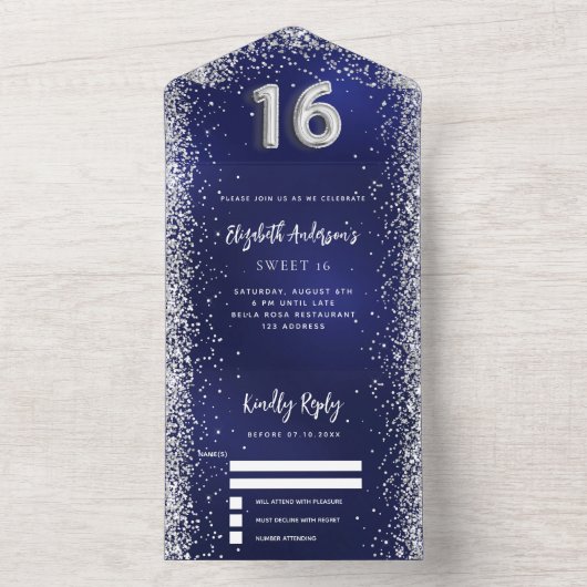 Navy blauer Glitzer Sweet 16 uAwg All In One Einladung (Innen Boden)