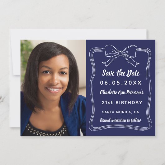 Navy blauer, handgezeichnet Buggebäck Foto Geburts Save The Date (Vorderseite)