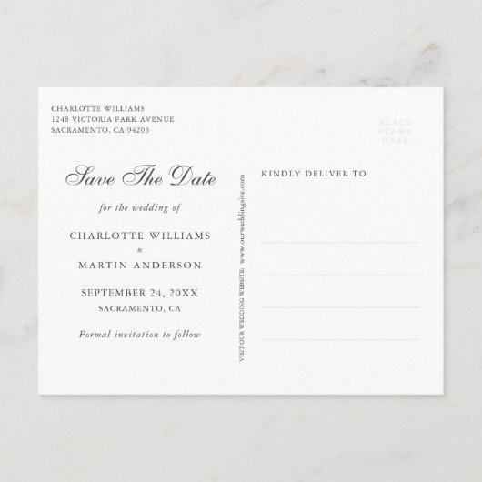 Navy Blauer Rosa Blütengrün Save the Date Ankündigungspostkarte (Rückseite)