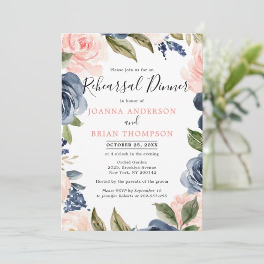 Navy Blauer Rosa Rose Boho Probe Dinner Einladung (Stehend Vorderseite)