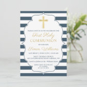 Navy Blauer Streifen Gold Cross Erste Heilige Komm Einladung (Stehend Vorderseite)