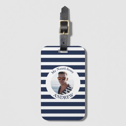 Navy Blauer Streifen Nautisches Foto Gepäckanhänger (Vorderseite Vertikal)