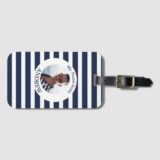 Navy Blauer Streifen Nautisches Foto Gepäckanhänger (Vorderseite (Horizontal))