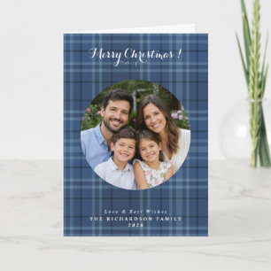 Navy-blauer Tartan-Karo-Foto-Weihnachten Karte