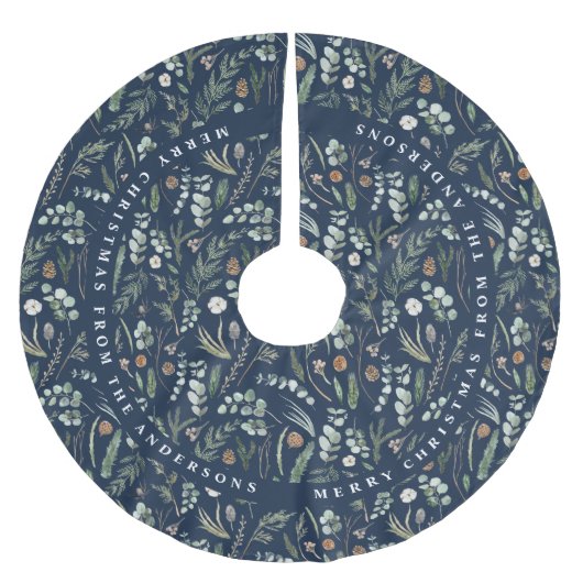 Navy blauer Weihnachten Modernes minimales botanis Polyester Weihnachtsbaumdecke (Vorderseite)