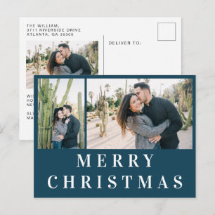 Navy Blauer weißer Text Frohe Weihnachtsfoto Colla Postkarte