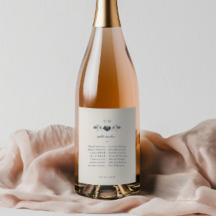 Navy Blaues Art Nouveau-Weinlabel mit floralem Mus Schaumweinetikett