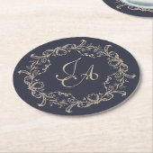 Navy Blaues Barock-Monogramm-Hochzeitsuntersetzer Runder Pappuntersetzer (Angewinkelt)