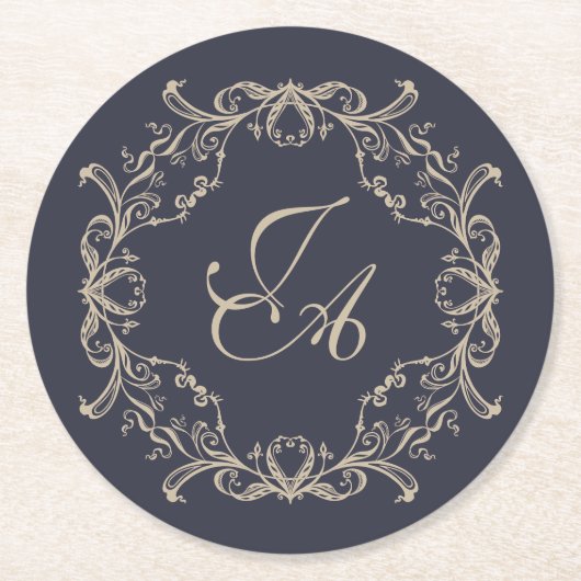 Navy Blaues Barock-Monogramm-Hochzeitsuntersetzer Runder Pappuntersetzer (Vorderseite)