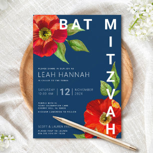 Navy Blaues Bat Mitzvah Rotes Blumen-Wasserfarben- Einladung