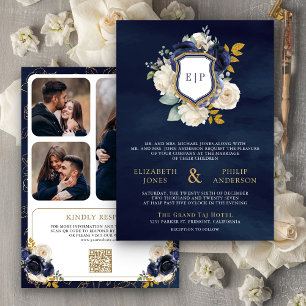 Navy Blaues Blumen QR Code Foto Wappen Hochzeit Einladung