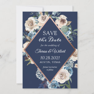 Navy-Blaues Blumen-Roségold-Hochzeit-Einladung Vor Save The Date