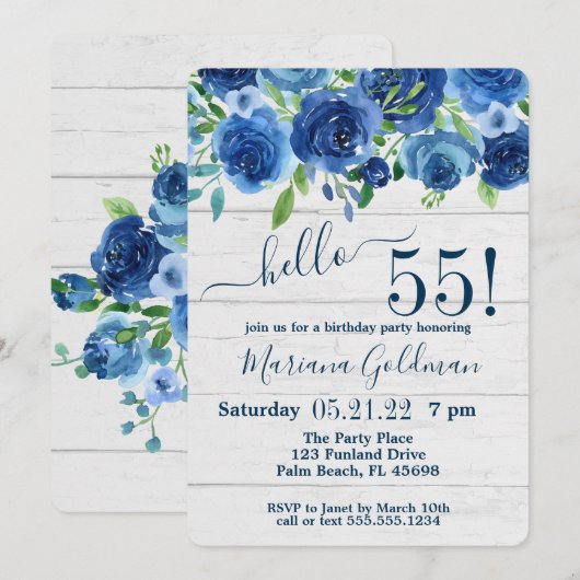 Navy Blaues Blumen-Rustic 55. Geburtstagsfeier Einladung (Vorne/Hinten)