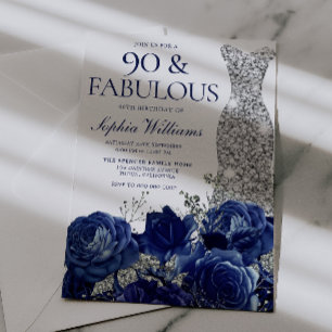 Navy Blaues Blumen- und Diamantenkleid 90. Geburts Einladung