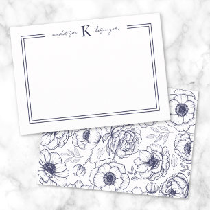 Navy Blaues Blumenmonogramm Mitteilungskarte
