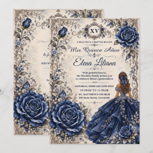 Navy Blaues Blumenprinzessin Vintage Quinceañera X Einladung