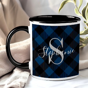 Navy Blaues Büffel-Karo Rustikaler Monogramm-Name Tasse