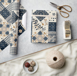 Navy Blaues Creme-Quilt-Gingham Cottagecore-Blumen Geschenkpapier