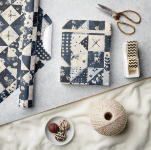 Navy Blaues Creme-Quilt-Gingham-Cottagecore-Blumen Geschenkpapier