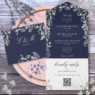 Navy Blaues Florales Grünzeug QR-Code Hochzeit All In One Einladung