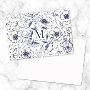 Navy Blaues Florales Monogramm Mitteilungskarte