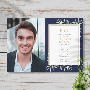 Navy Blaues Greenery PhD-Abschlussfoto Einladung
