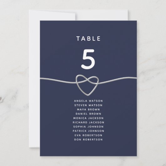 Navy Blaues Herz Hochzeitstisch Sitzplan (Vorderseite)