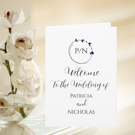Navy Blaues Herz-Kranz und Initialen Hochzeit Programm
