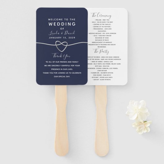 Navy Blaues Hochzeitsprogramm mit Schrift Fächer (Vorne und Hinten)