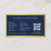 Navy Blaues Klempner-Vertrags-QR-Code Gold Metalli Visitenkarte (Rückseite)