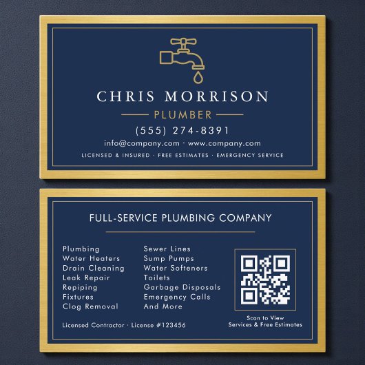 Navy Blaues Klempner-Vertrags-QR-Code Gold Metalli Visitenkarte