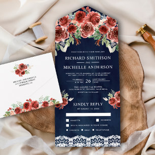 Navy Blaues Land mit Spitze Marsala Blumen Hochzei All In One Einladung