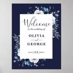 Navy Blaues Landhochzeit-Floral-Willkommensschild Poster