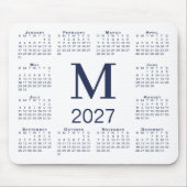 Navy Blaues Monogramm 2027 Kalender Weiß Mousepad (Vorne)