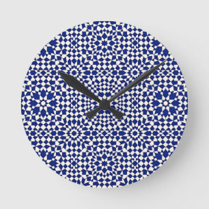Navy Blaues Mosaik-Geometrisches Muster Runde Wanduhr