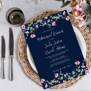 Navy Blaues Pinkes Hibiskusblüten Probedinner Einladung