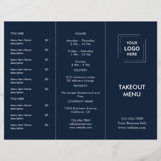 Navy-Blaues Restaurant-Logo-Abholmenü-Design (Vorderseite)