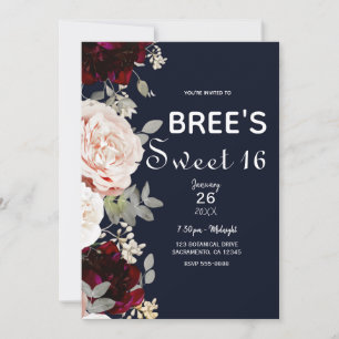 Navy Blaues Rosé und burgunderrote Blüten Sweet 16 Einladung