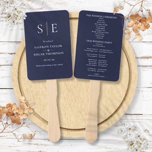 Navy Blaues und goldenes Monogramm-Hochzeitsprogra Fächer
