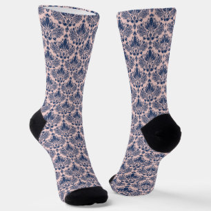 Navy-blaues und hellrosa vintage Damastmuster Socken