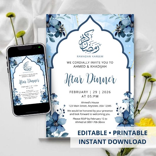Navy Blaues Wasserfarben-Blumen-Ramadan-Iftar-Dinn Einladung