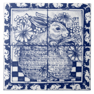 Navy Blaues Weißes Häschen Kaninchen Dedham Delft Fliese