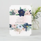 Navy Blink Pink Floral werden Sie meine Bridesmaid Einladung (Stehend Vorderseite)